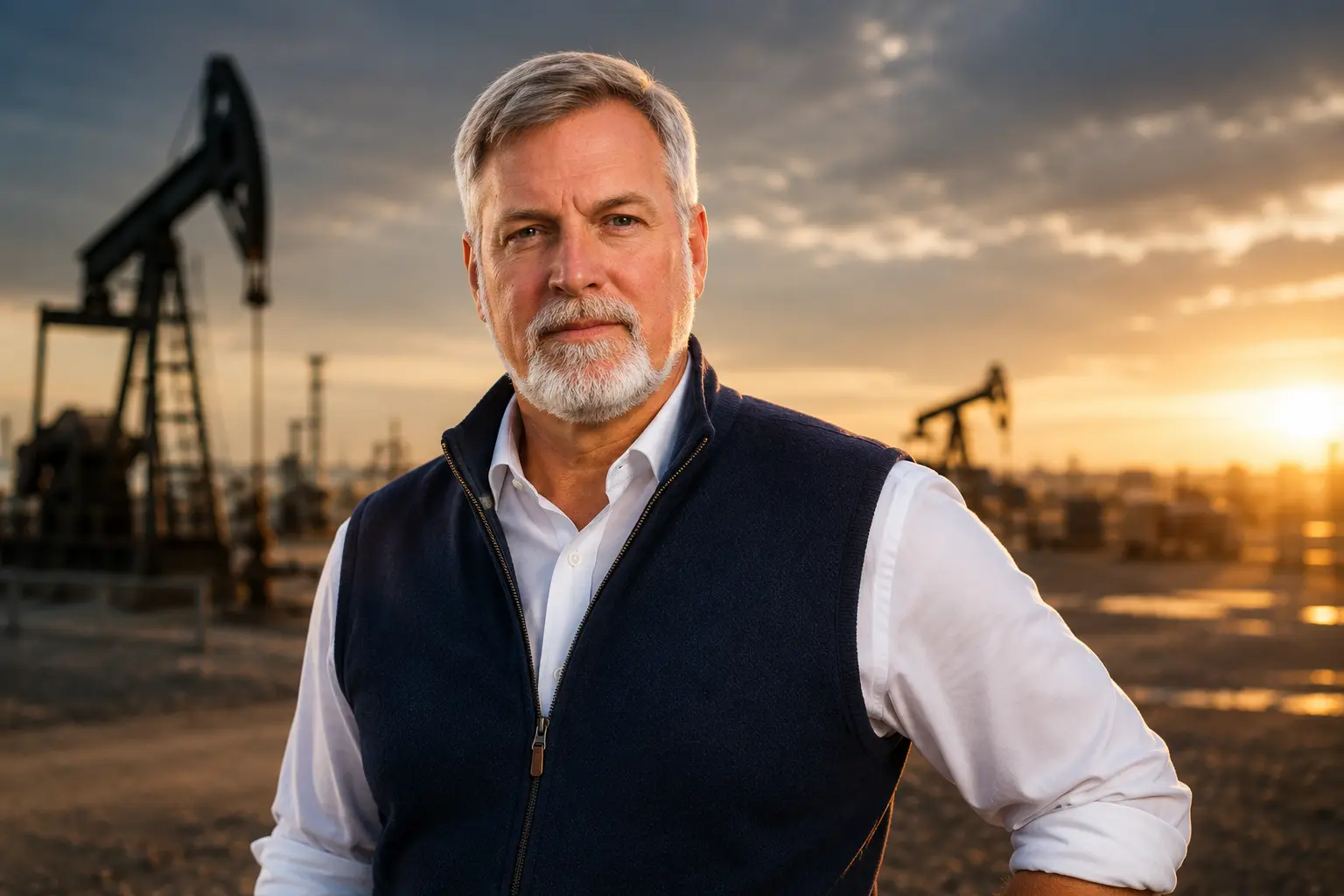Scott Watson commercial energy consultant at oil field infrastructure at sunset
