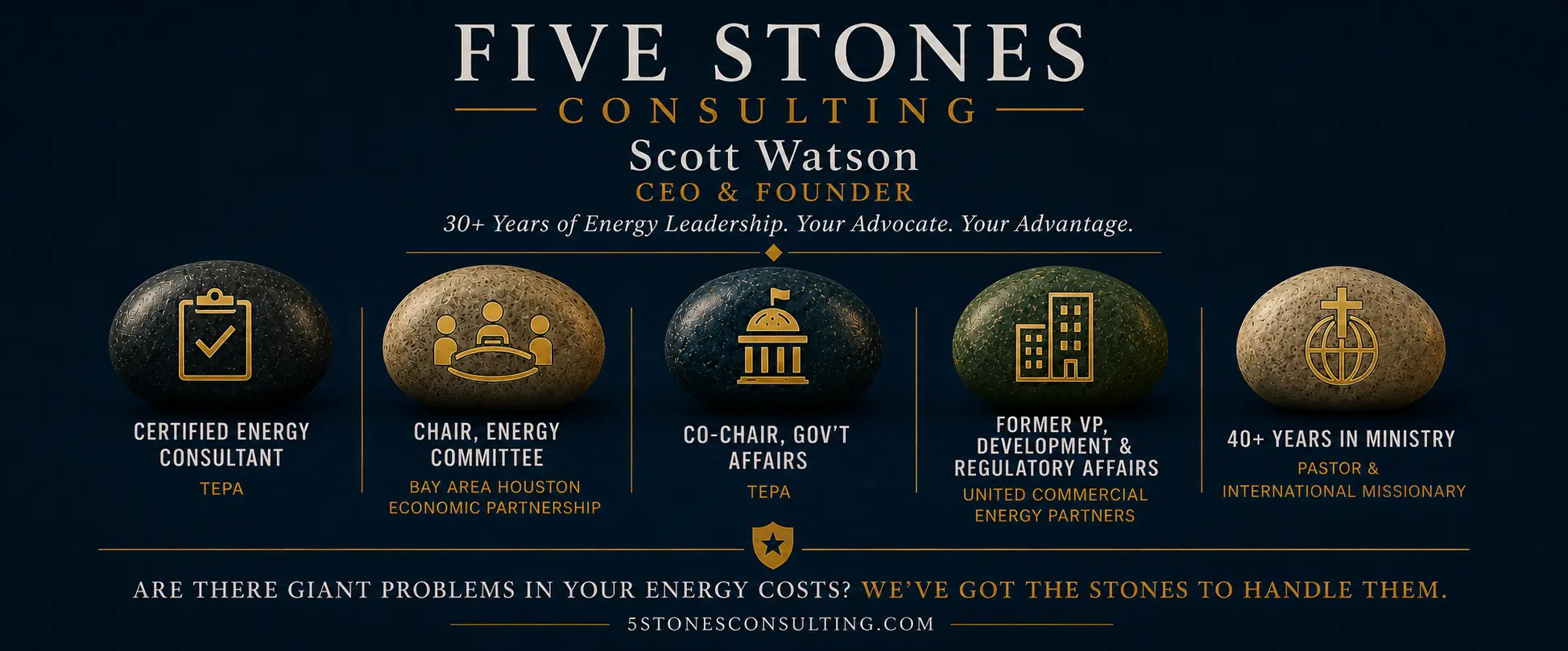 Scott Watson leadership credentials — Certified Energy Consultant, Chair Energy Committee, Co-Chair Government Affairs, Former VP Regulatory Affairs, 40+ Years Ministry
