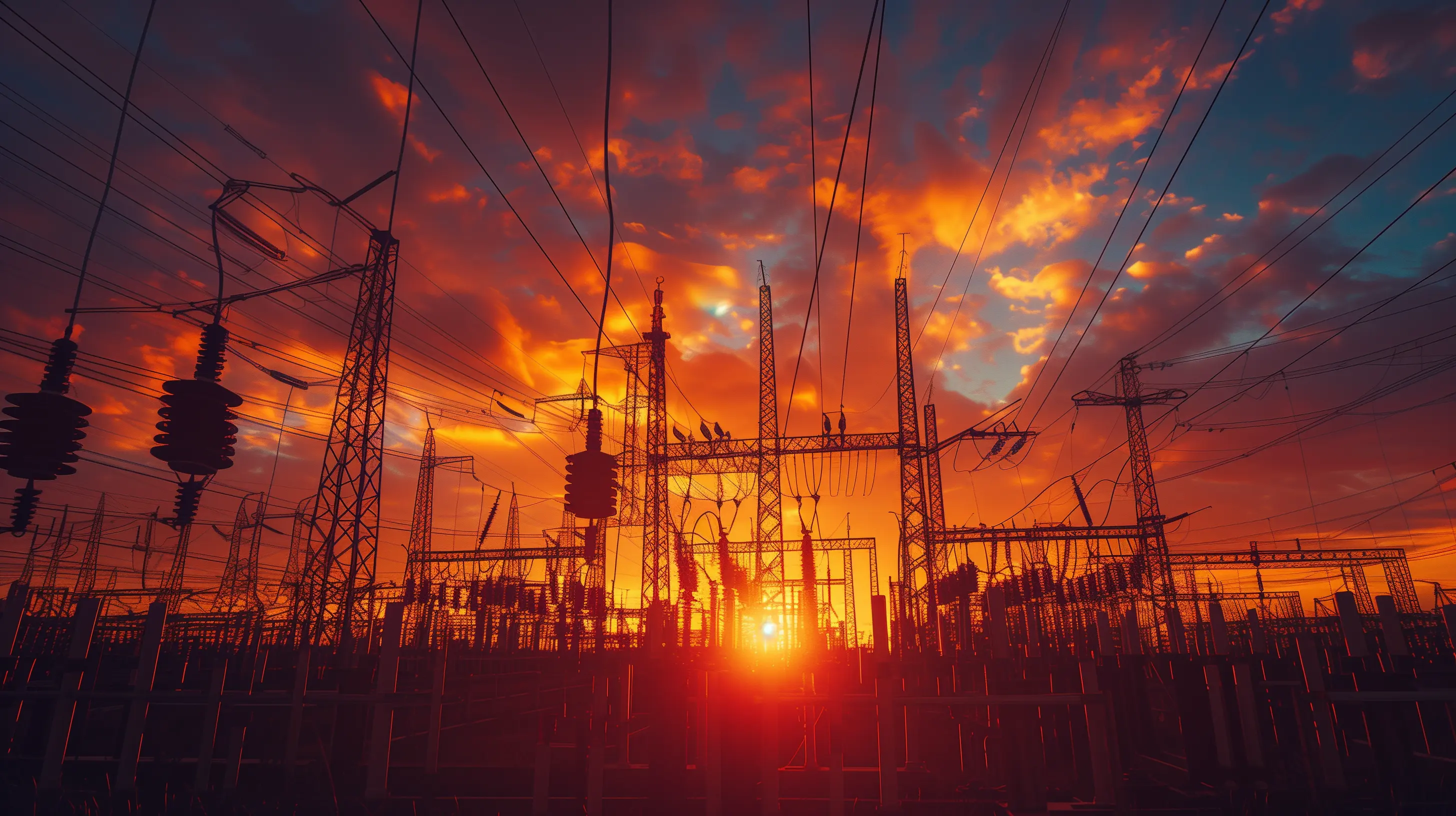 Wholesale energy procurement electrical substation at sunset